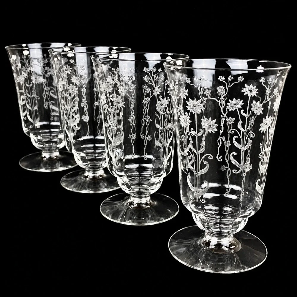 Fostoria Manor Crystal Iced Tea Glasses Set of 4 Etched Floral 1930s